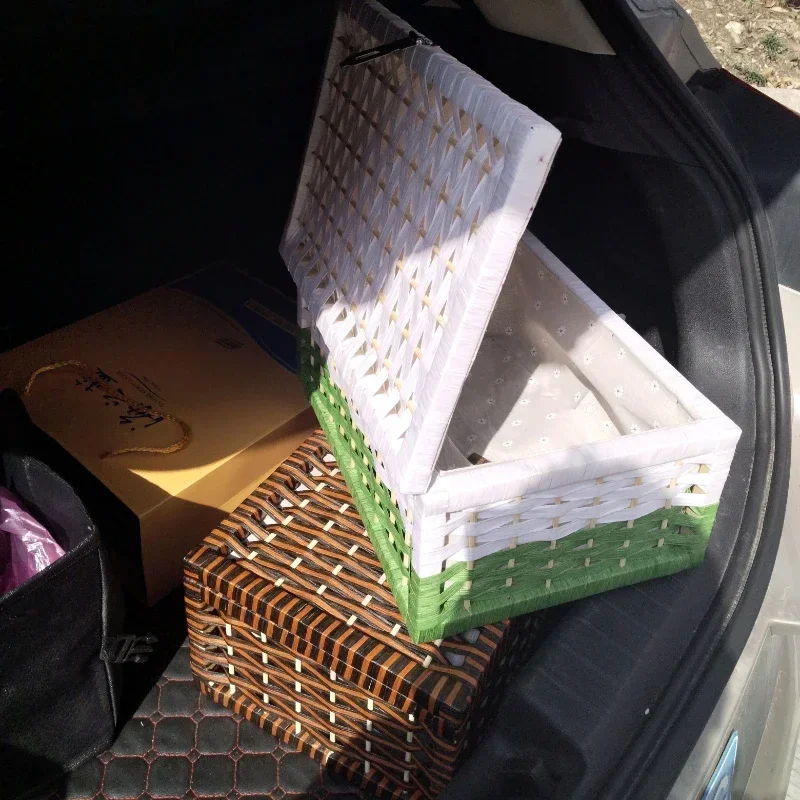 Scatola portaoggetti da tavolo rettangolare Cestino portaoggetti intrecciato a mano Cestino in vimini in rattan per articoli vari Contenitore per vestiti Organizzatore da tavolo