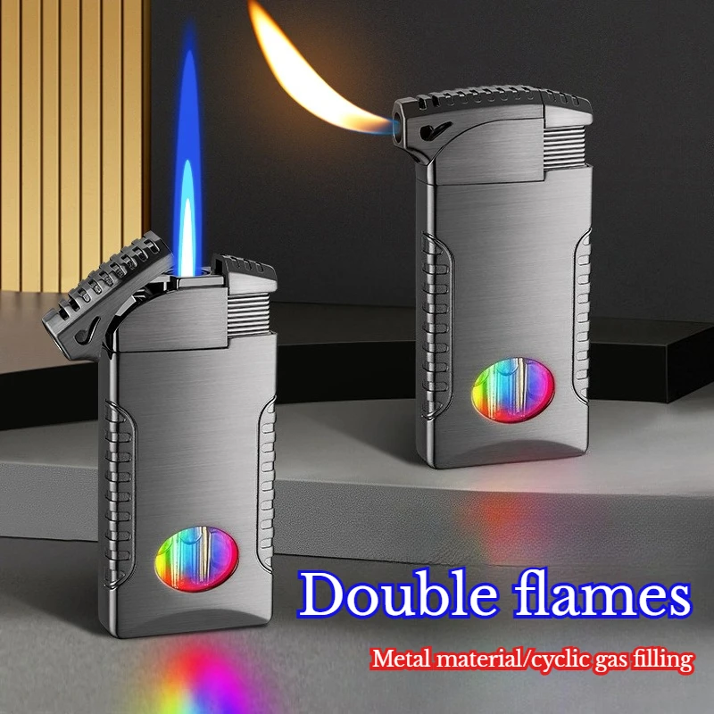 Double Flame Blue Flame Straight Forward Windproof Metal Body,cool Color Lights, Air Window,cyclic Inflatable Men's Gift Lighter