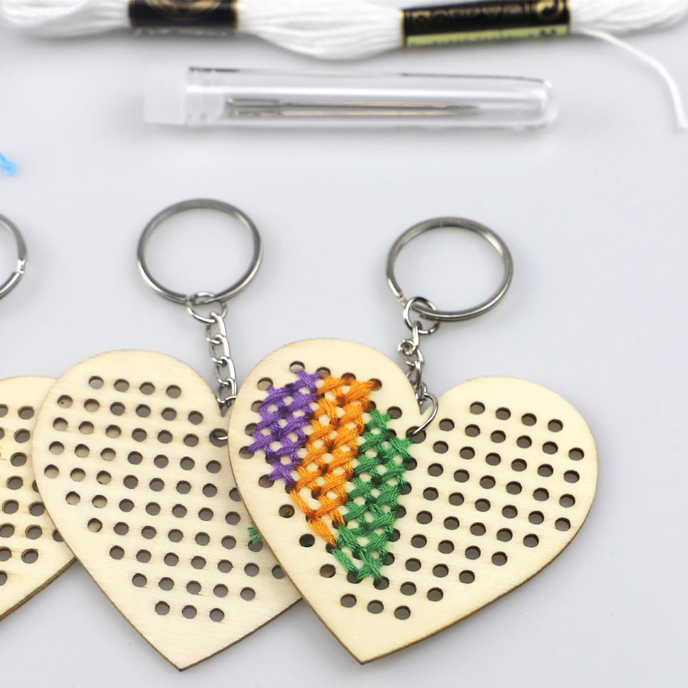 

5 Pcs Embroidery Heart-shaped Keychain Kit Bookmarks Cross Stitch on Wood Kits Miss