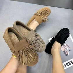 Winter Warm Fur Flat Shoes Antislip Women Loafers Plus Size Casual Female Mullers Tassels Fashion Leather Plush Women Shoes