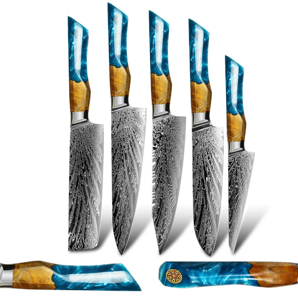 73-layer Damascus Steel Kitchen Knives Chef Nakiri Knife Kiritsuke Knife Sharp Western Santoku Knife Resin Maple Wood Handle Set