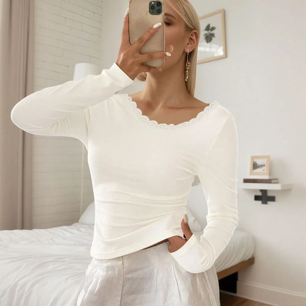 Hot Sale Lace Rib Knit Sexy Sweet Backless Slim Long Sleeve Top Women