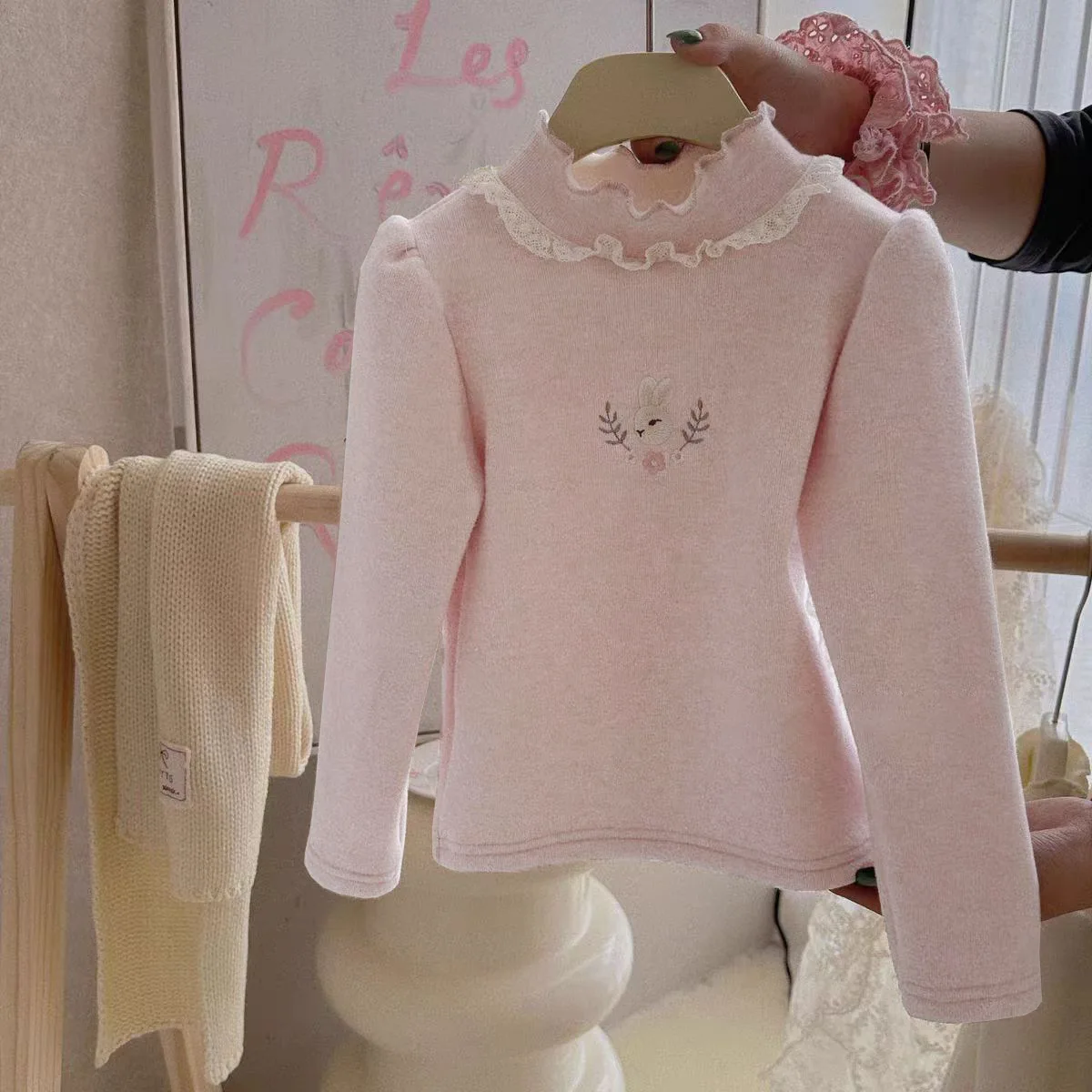 Herbst-Winter-Baby-Spitzen-Fleece-Unterhemd, Mädchen-Oberteil mit Stickerei, warm, langärmelig, weich, dehnbar, Freizeit-Sportbekleidung für Kinder – Detail 6