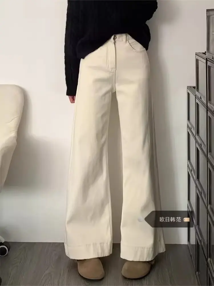 2025 Automne Hiver Pantalons Lâches pour Femmes Nouveau Style Décontracté Amincissant Couleur Pure Taille Haute Jeans Droits