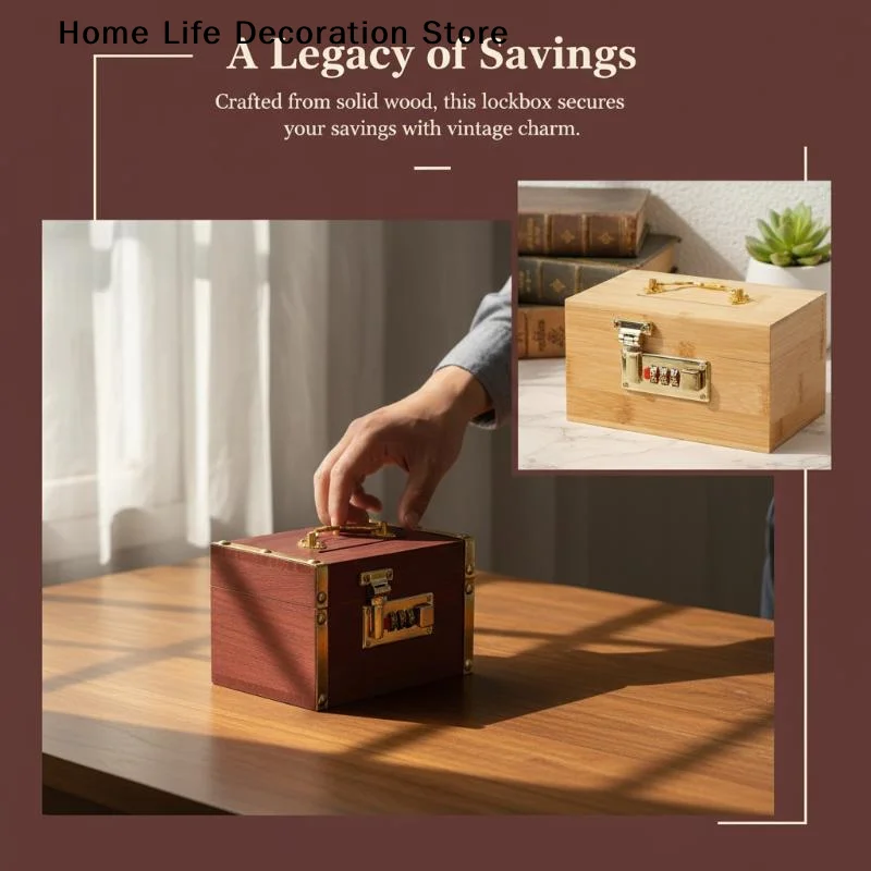 【TG】Secure Wooden Piggy Bank with 3 Digit Combination Lock Savings Box Small Treasure Money Storage Box for Students Kids