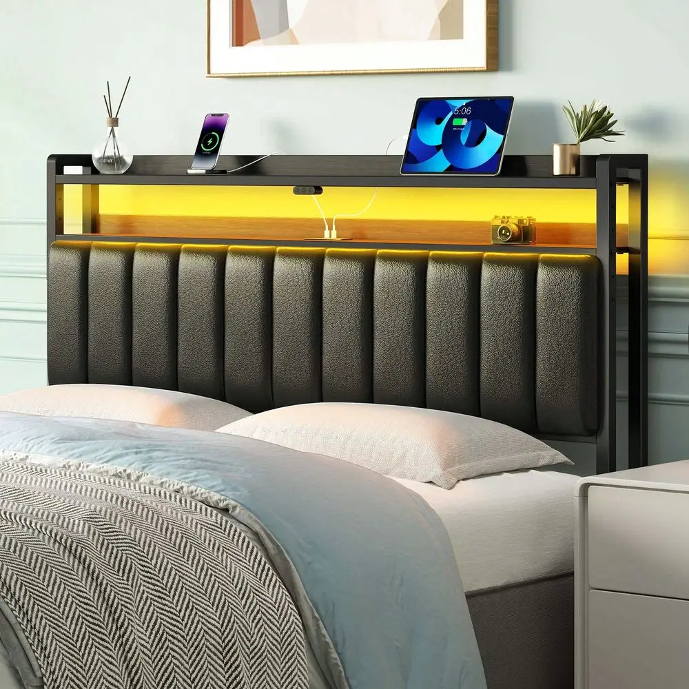 

Headboard For King Size Bed With Storage, 60,000 DIY Color Of LED Light, Head Board With USB Type C Port, Height Adjustable, Bl