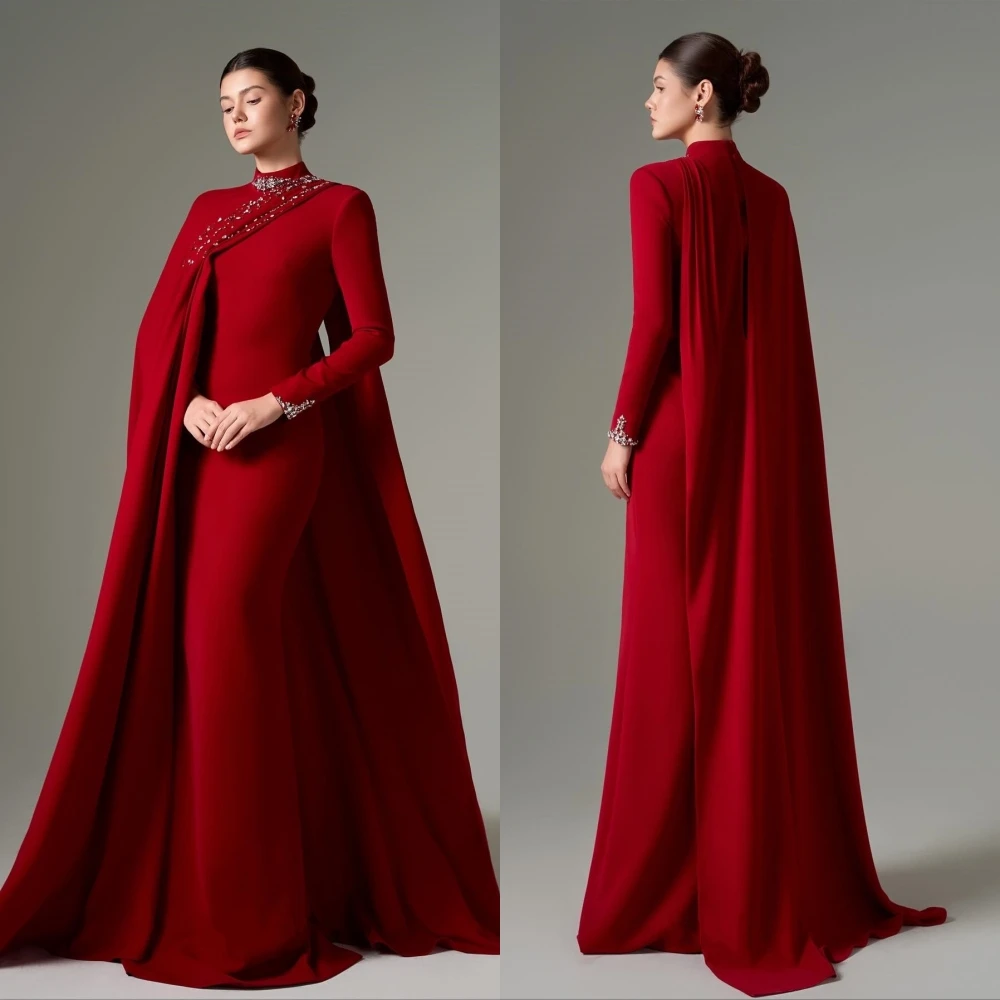 

Customized Rhinestone Pleat High Collar Shawl Trumpet Long Dresses Bespoke Occasion Formal Women's Evening Dress Party Wedding