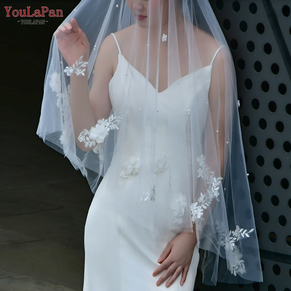 Youlapan V122 웨딩 베일 얼굴 커버 진주 꽃잎 베일 웨딩 신부 베일 3D Organza 꽃 가장자리 팔꿈치 길이 베일