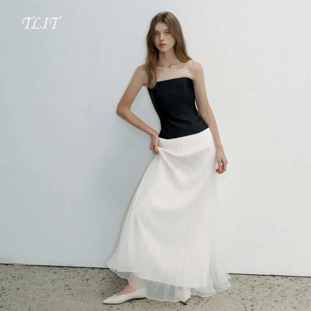 فساتين سهرة أنيقة من TLIT بألوان متباينة من الساتان الأورجانزا على شكل حرف a بدون أكمام على شكل حرف a بدون حمالات فساتين حفلات مخصصة