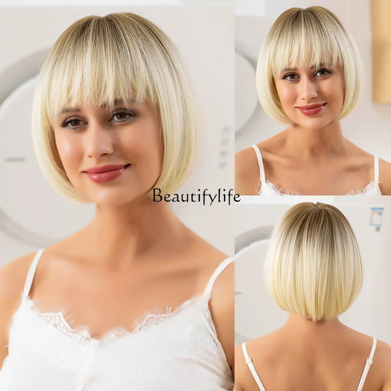 

Wig full head hairstyle black gold short straight bangs natural synthetic fiber