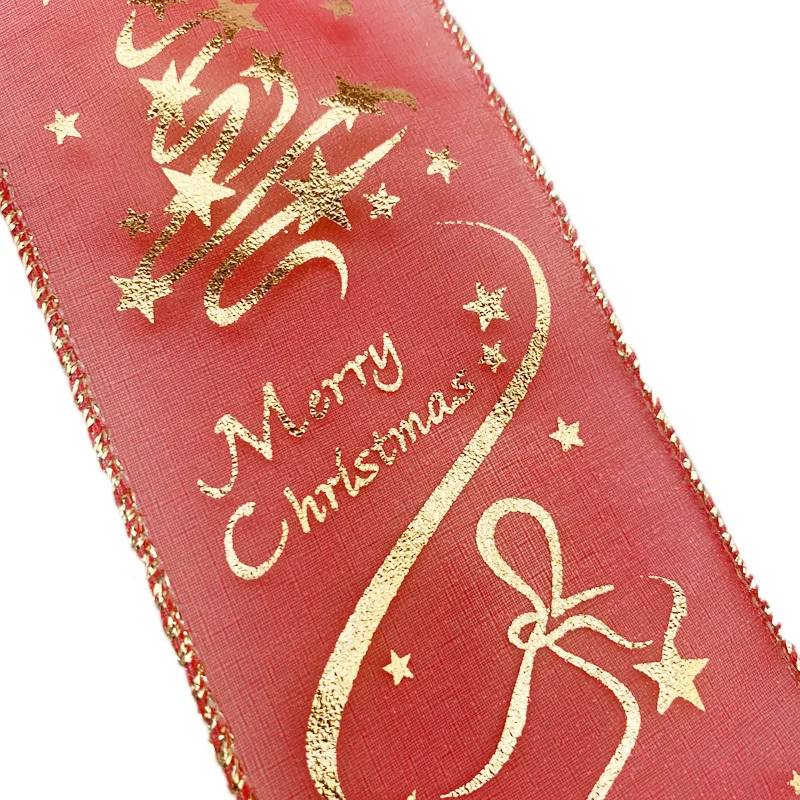 (2 Meters/roll) 6cm Width Red Organza Christmas Hot Stamping Printing Ribbon Gift Packaging  DIY Decorative Ribbons