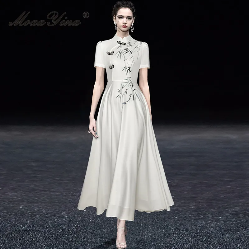 MoaaYina Fashion Runway dress Summer Women Dress White Crystal Disc Buckle Mandarin Collar High Waist Willow Branch Print Dress