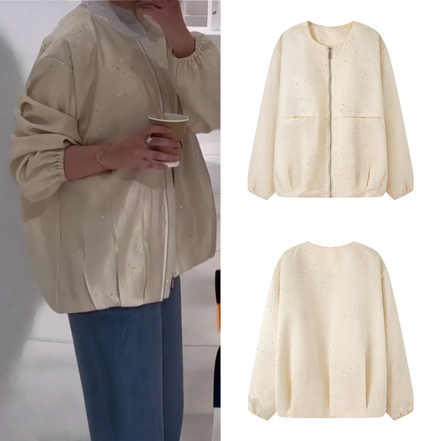 

Новинка 2025, женская бейсбольная куртка с блестящими кристаллами и круглым вырезом, свободный короткий стиль, украшение с блестками, модный универсальный топ