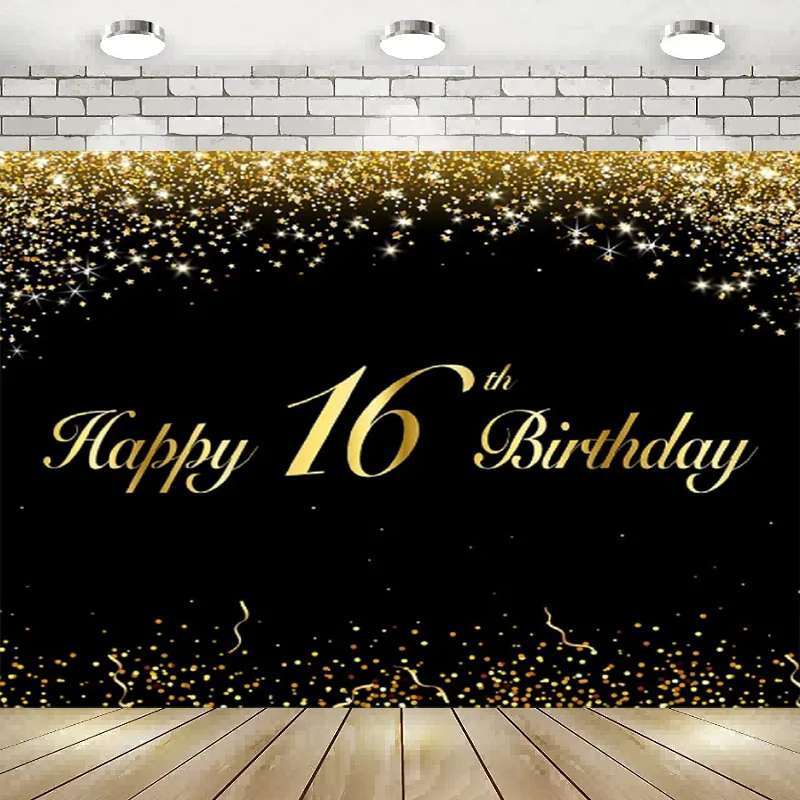 Happy 16th Birthday Balloons Black Set Decor Cheers Theme Garland Banner Photography Backdrop Background Party Prince Princess