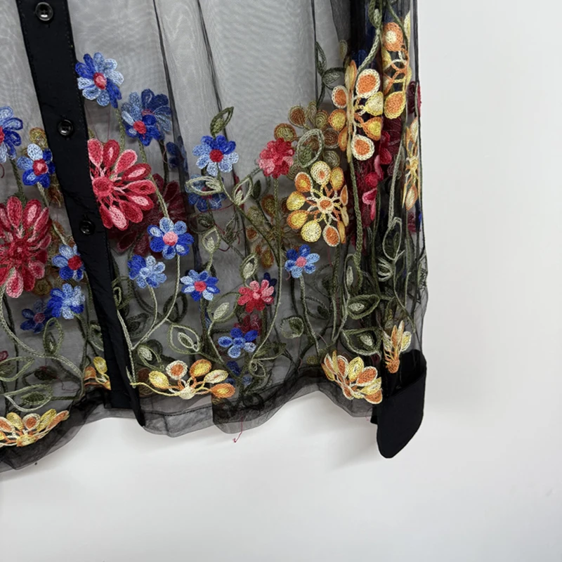 PFHQ بقماش شفاف قمصان الذكور الملونة زهرة التطريز تصميم تنوعا الطبقات شخصية طويلة الأكمام قميص رجالي المد 21E7201