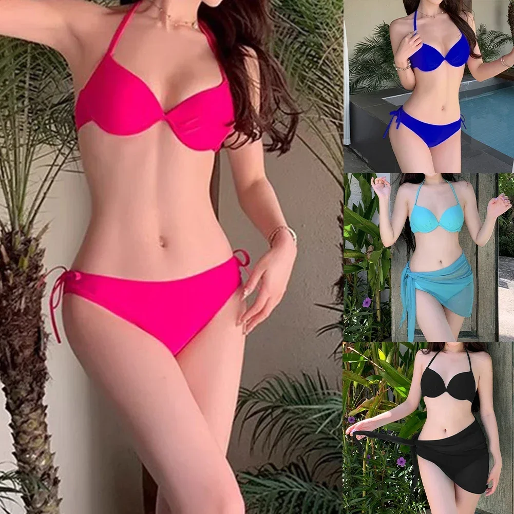 

Ladies' Solid Color Fashionable Casual Gathering Three Piece Bikinis Swimsuit Women Sexy Beachwear Set 2025