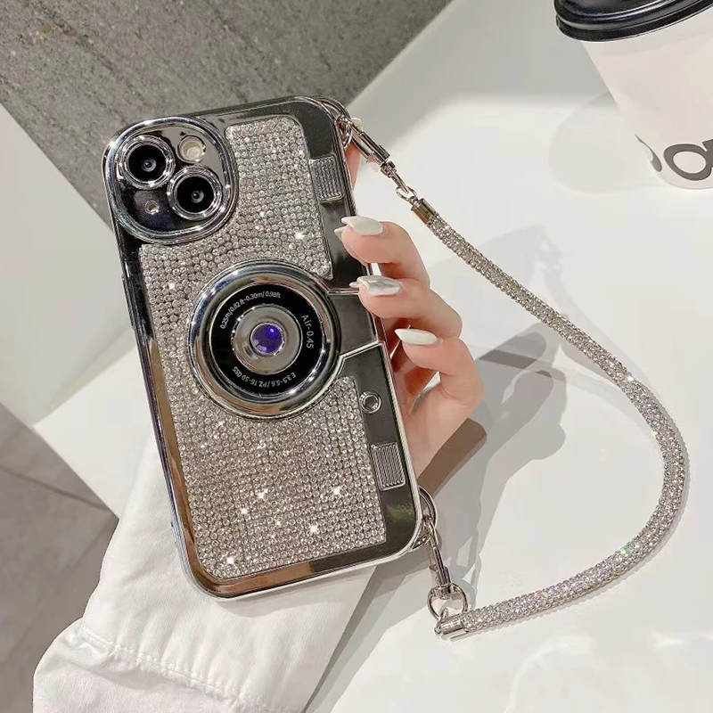 3D Camera Design Full Glitter Diamond Wrist Strap Case For iPhone 15 Pro Max 14 13 11 12 16 Plus Plating Silver Hand Chain Cover