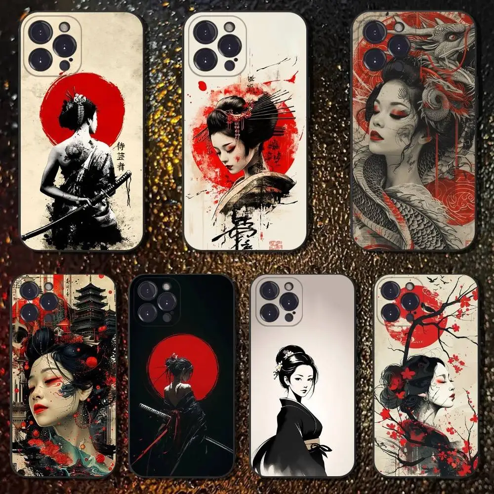 

S-Samurai travelor Geisha Phone Case For iPhone 16,15,14,13,12,11 Plus,Pro Max,XS,X,XR,SE,Mini,8,7,Soft Silicone Black Cover