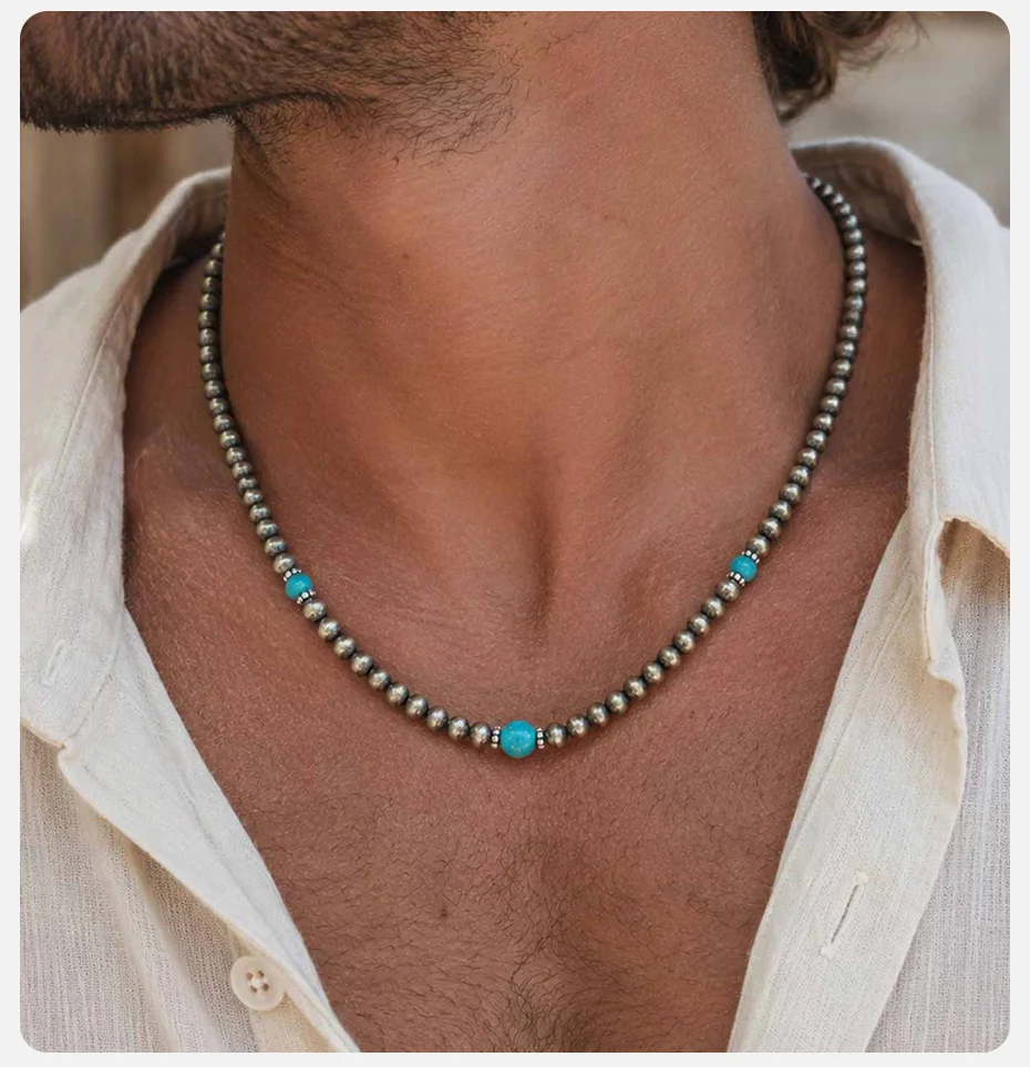 Vnox Herren-Halskette mit türkisfarbenen Perlen, verstellbare Kette im Bohemian-Stil, Punk-Hip-Hop-Schmuck, Geburtstagsparty-Geschenk für Ihn – Detail 3