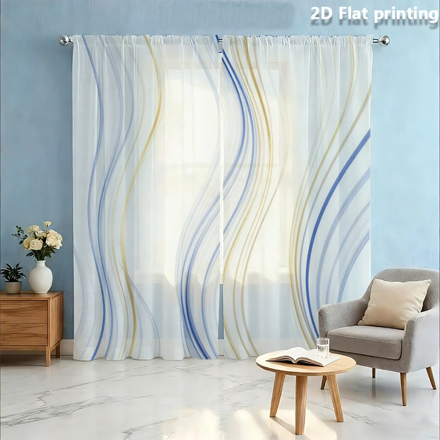 2 Stück Digital Bedruckte Transparente Vorhänge, Blau-Gold Kurvenmuster, Moderne Minimalistische Fenstervorhänge für Wohnzimmer Schlafzimmer Heim-Dekoration