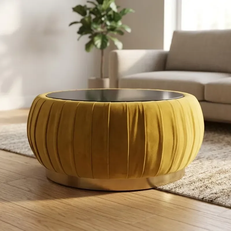 Modern Yellow Round Footstool Durable Stainless Steel Base Home Hotel Furniture Compact Sturdy Design Living Room Bedroom