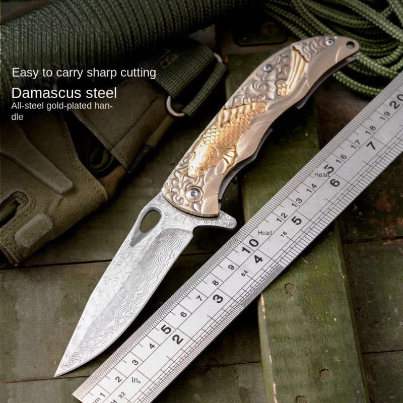 

Damascus Exquisite Fruit Carp Folding Knife Camping Outdoor Collection Relief Cutter