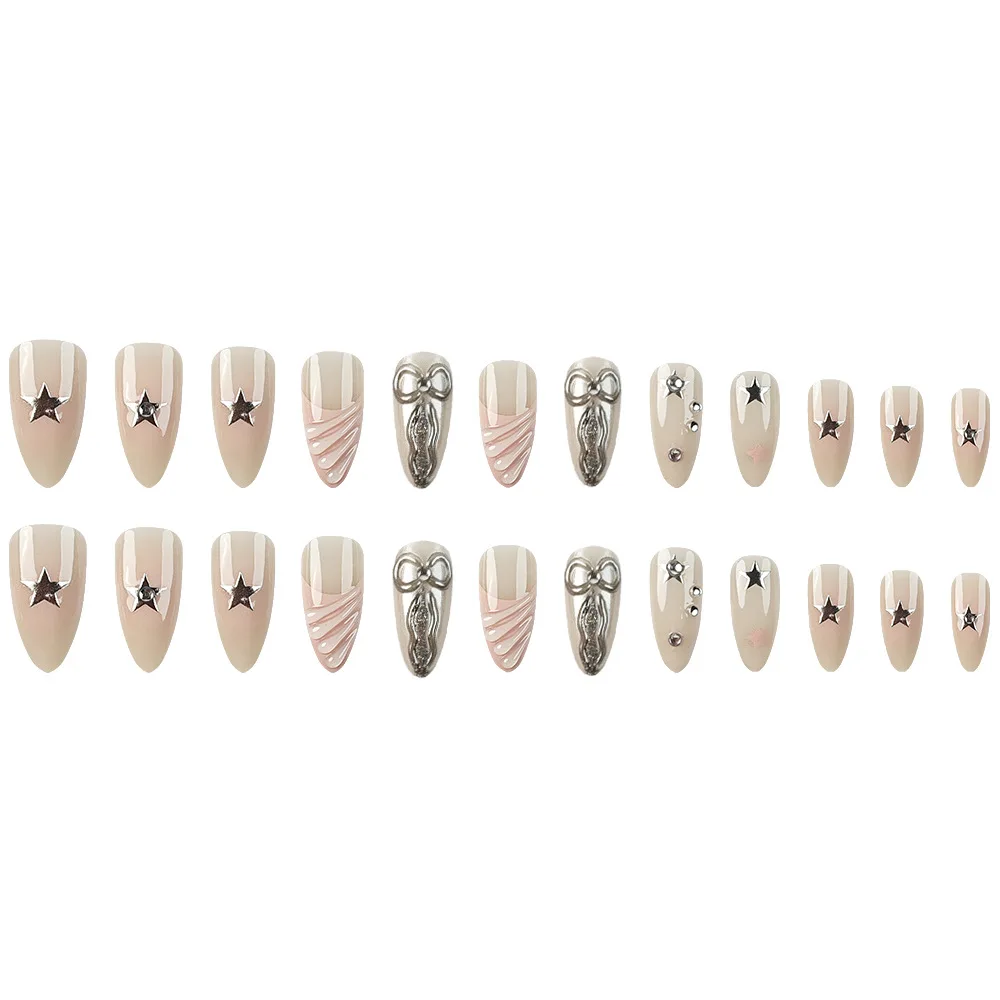 24szt Pink French Fake Nail Patches 3D Butterfly Y2k Mirror Powder Press on Nails for Women Wearable Korean Almond False Nails