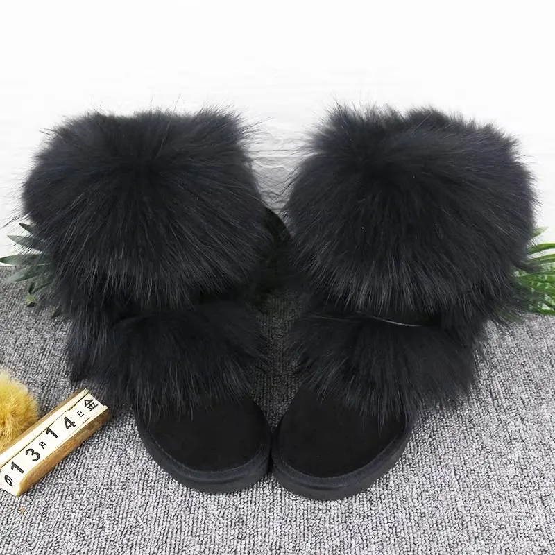 Australia Classic Snow Boots Women Faux Fur Winter Shoes Cow Suede Warm Natural Fox Fur Non-slip Rubber Soles Female Flat Shoes