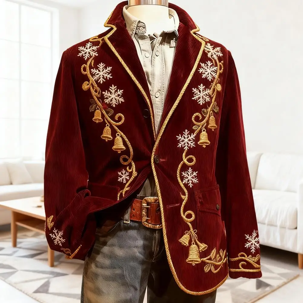 Hot Stamping Luxurious Corduroy Suit Coat Single-Breasted Suit Jacket Lapel 3D Christmas Themed Print Suit Jacket Formal Wear