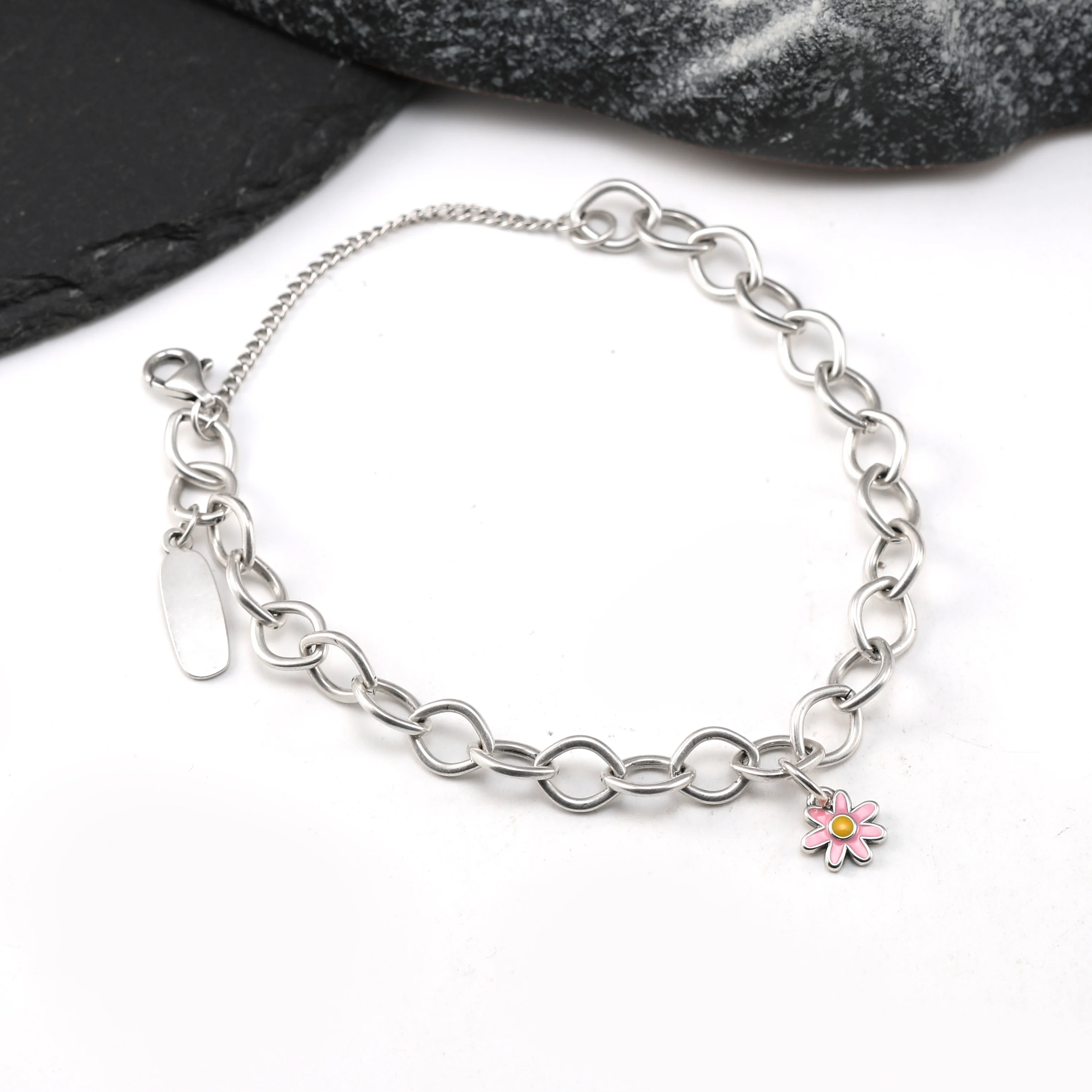 

Genuine 925 sterling silver James Avery Forged Link Charm Bracelet paired with Mini enamel flower pendant