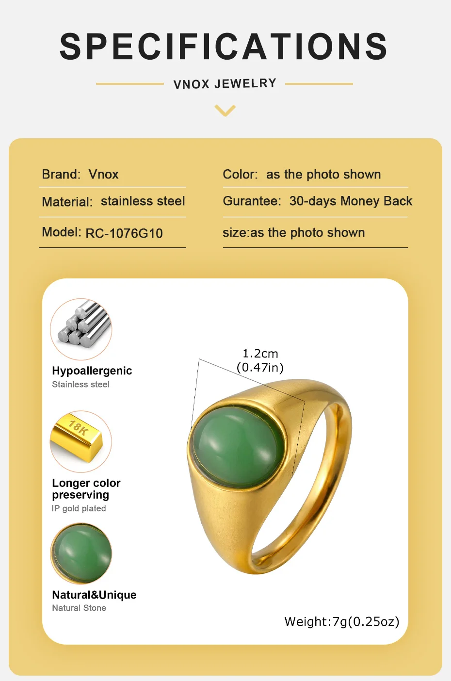 Vnox Herren-Siegelring, grüner Achat, goldfarbenes Edelstahlband, täglicher Fingerschmuck, Geburtstags- und Hochzeitsgeschenk für Herren – Detail 5