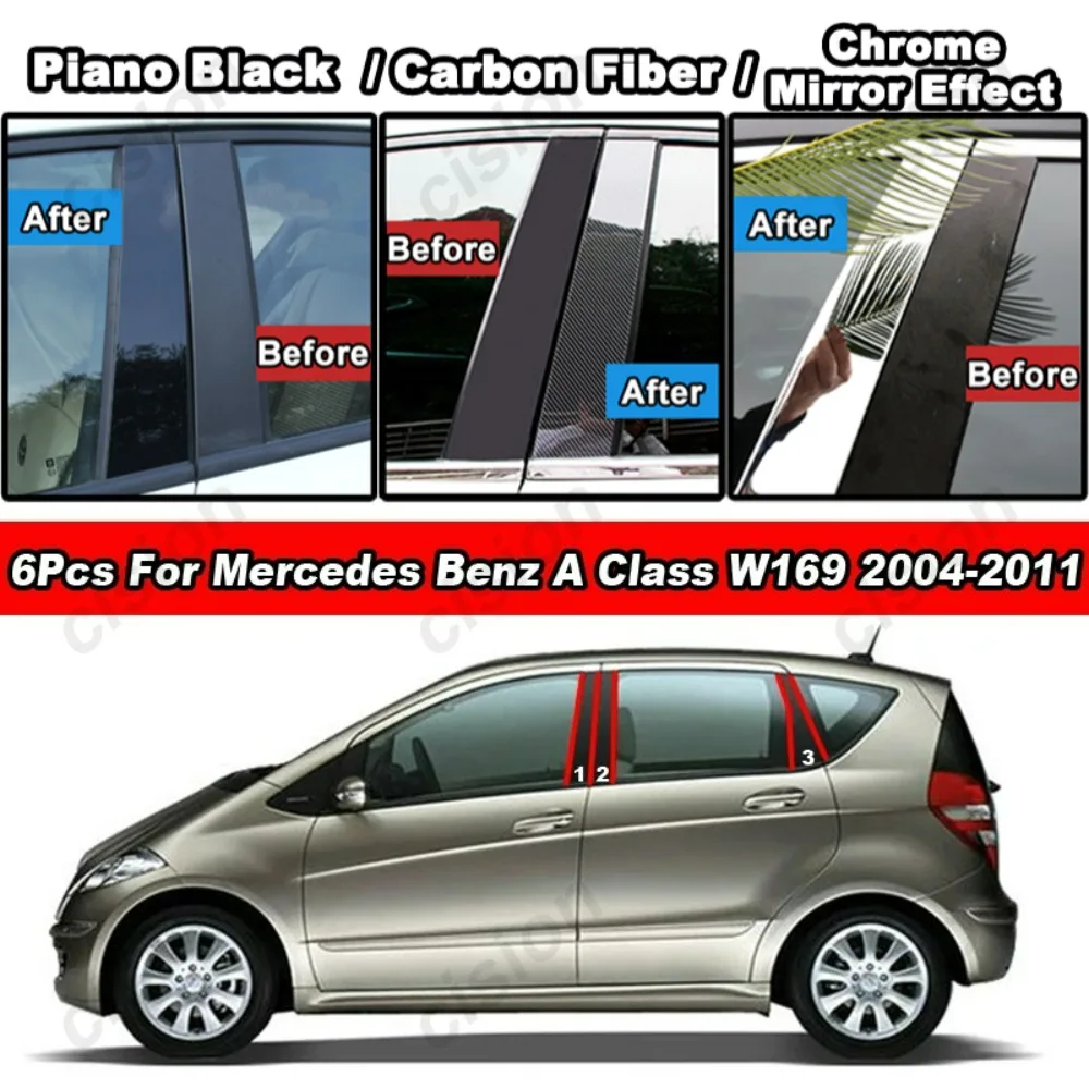 

Glossy Black Carbon Fiber Chrome Mirror Door Middle B C Pillars Trim Cover for Mercedes-Benz A Class W169 Window Column Sticker