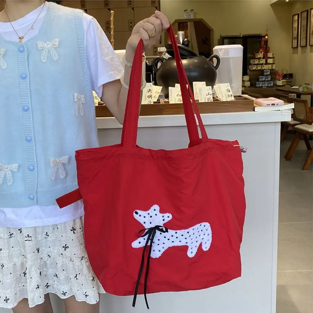 

Bow Spotted Embroidery Drawstring Shoulder Bag Puppy Large Capacity Canvas Tote Bag Lightweight Embroidered Women's Handbag