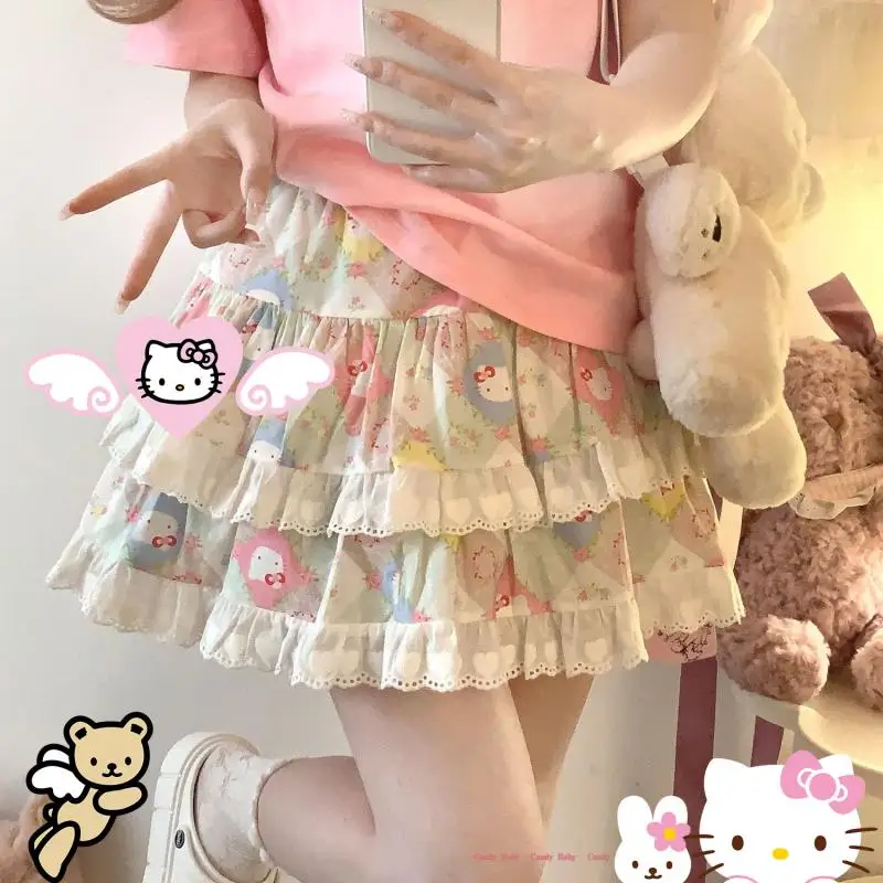 

Японский стиль Sanrios Hello Kittys, милая пышная юбка с героями мультфильмов Y2K, милая кружевная короткая юбка для девочек, трендовая полуюбка, женская одежда
