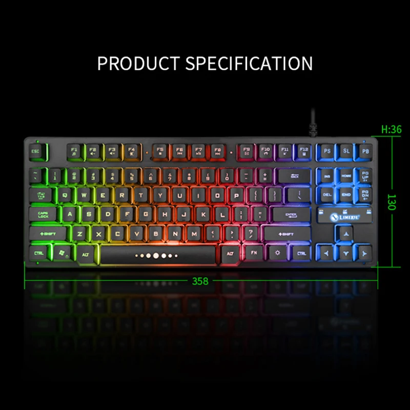 K87 Mechanical Gamer Keyboard 87 Keys USB Wired Gaming PC Keyboard RGB LED Seven-color Backlight For Mac OS 10.2 Win XP/ 7/8/10