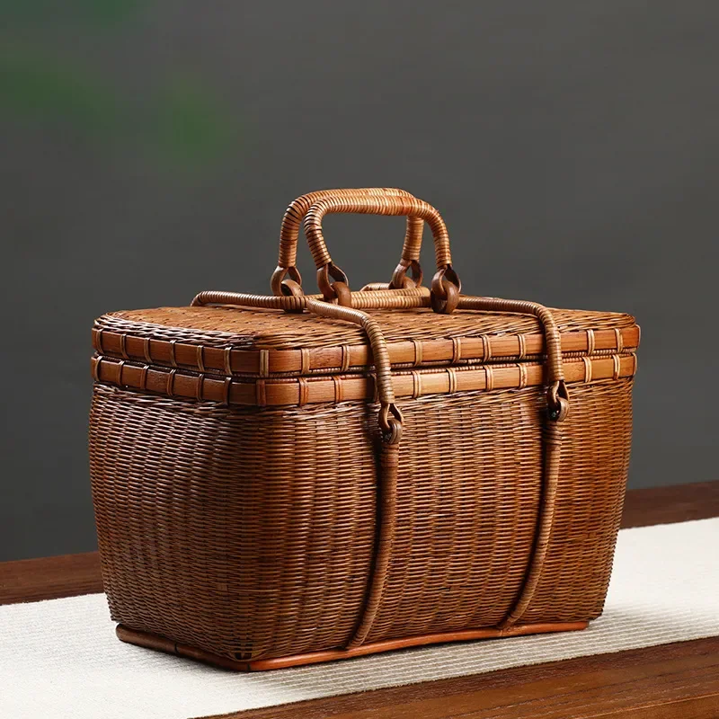 Handmade Bamboo Woven Tea Box Portable Chinese Retro Basket for Tea Ceremony Set Storage Bag Women Travel Organizer Case