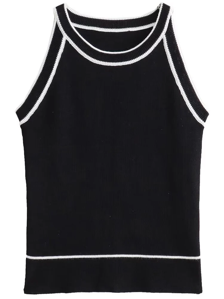 HXAO Women's Knit Halter Vest Summer 2025 Elegant Cropped Black Sleeveless Sweater Sexy Contrast Slim Tank Top High Street Vests
