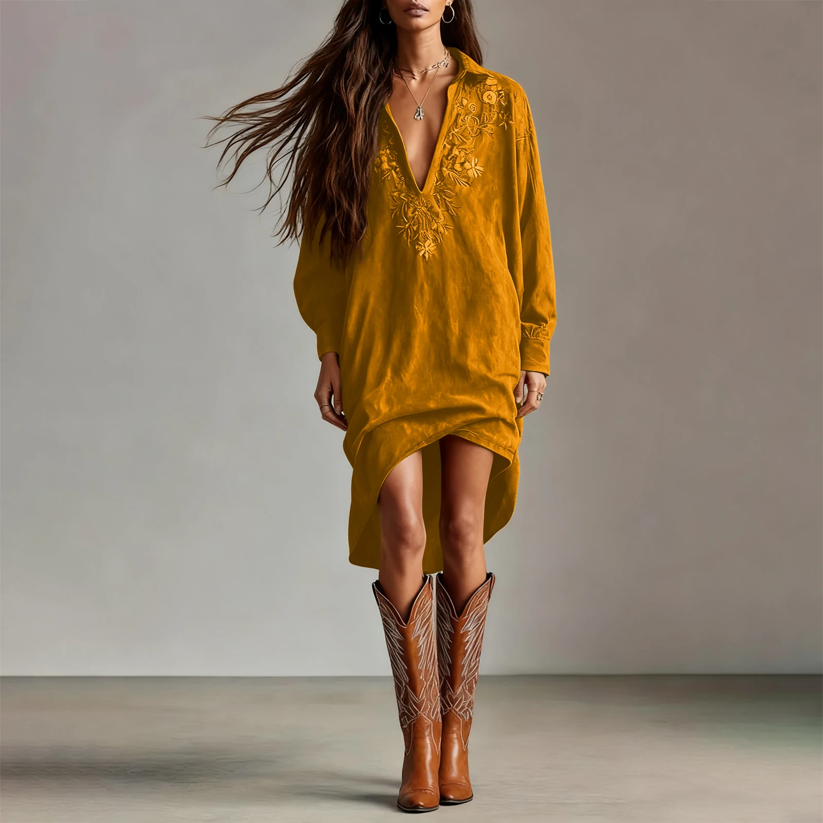 Womens Shirt Dress Burgundy Suede Embroidered High-Low Puff-Sleeve Bohemian Casual 2026 Trendy Dresses Stylish Outfit Vestido