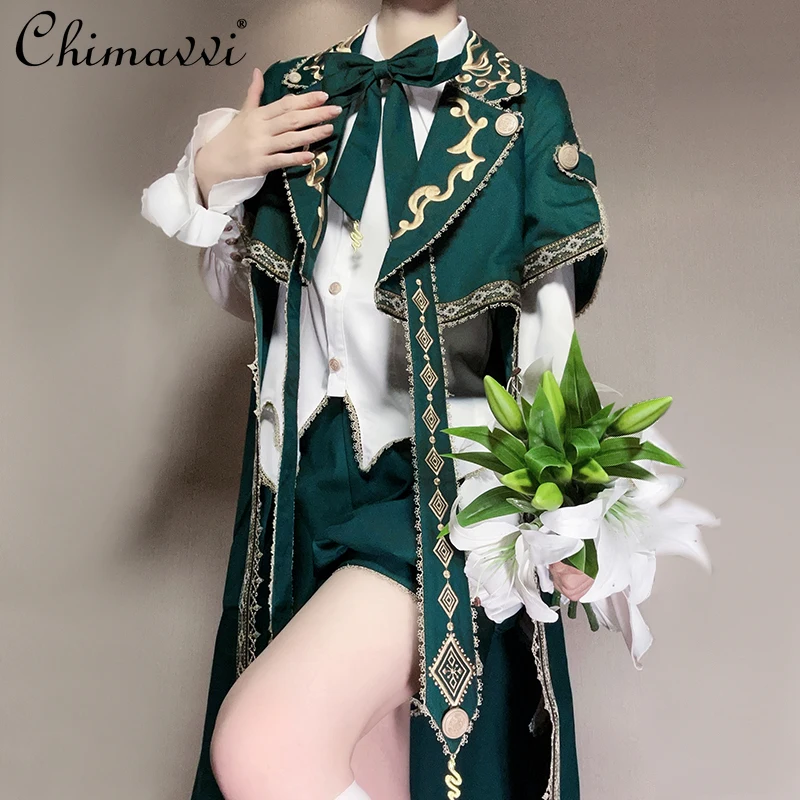 Original Prince Lolita Outfit Vintage Army Gold Thread Embroidery Cloak Long Cape White Shirt Shorts Autumn Winter Shorts Set