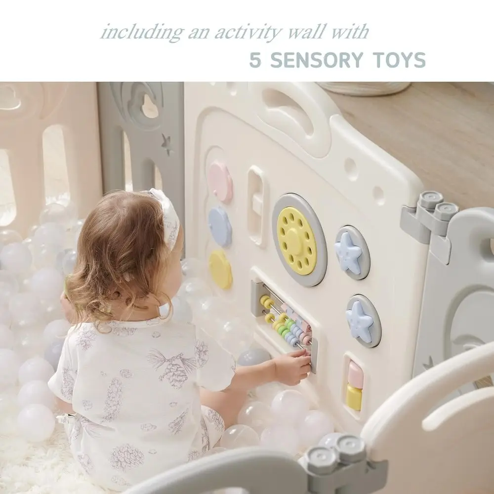 Gray 14-Panel Foldable Playpen with Whiteboard and Activity Wall, Safe Baby Play Yard for Indoor and Outdoor Use