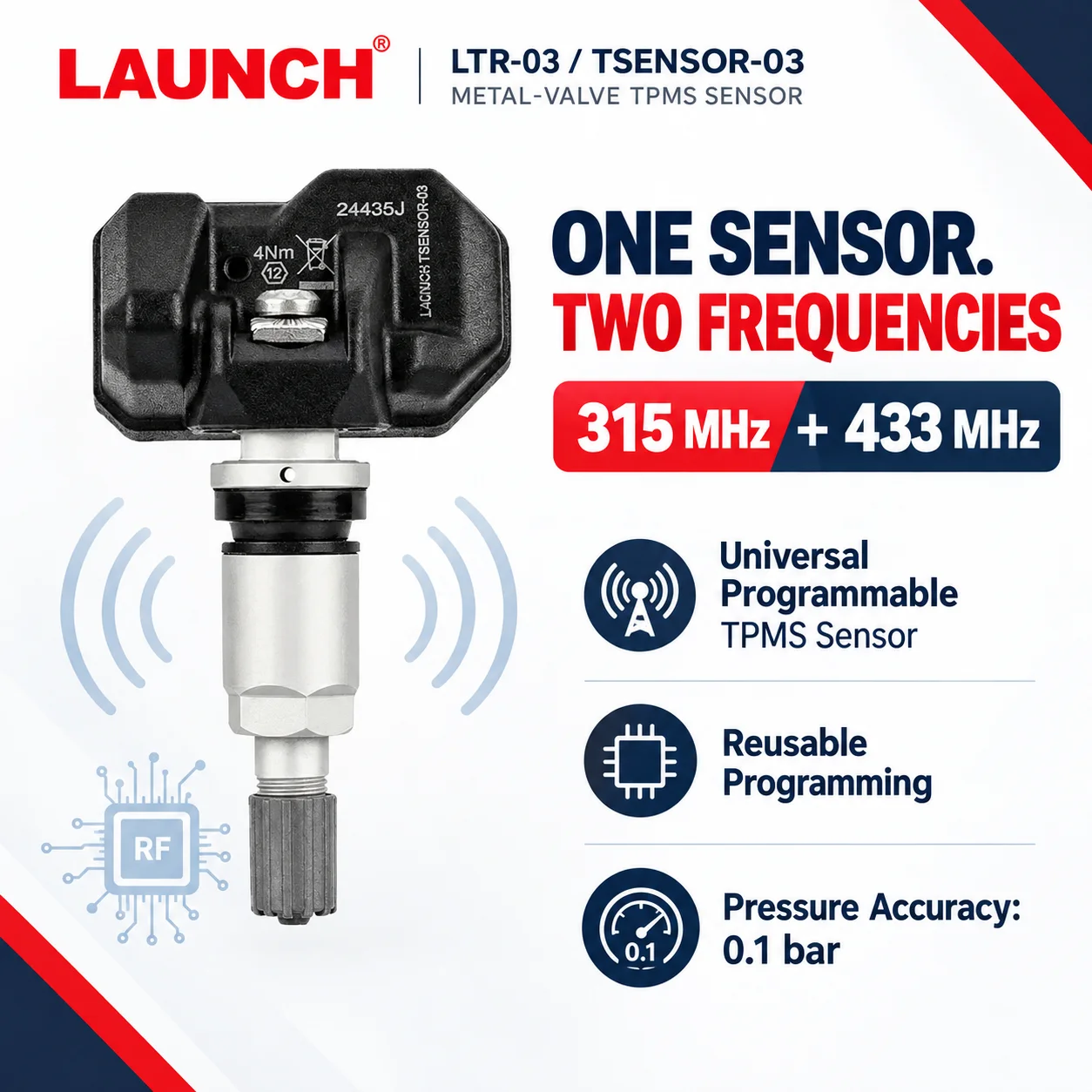 2026 Launch RF03 RF05 TPMS Sensor 315/433MHz Universal Programmable Tire Pressure Sensor Compatible with 98% Car for Toyota Ford