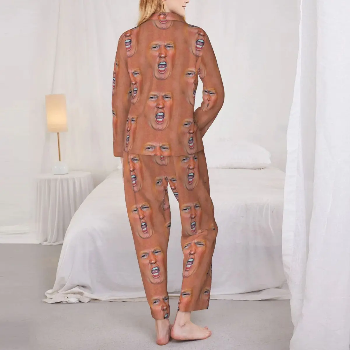 Lustige Pyjama-Sets mit Trump-Haut, warme Nachtwäsche für Damen, langärmelig, ästhetische Nacht, 2-teilige Nachtwäsche, große Größe 2XL