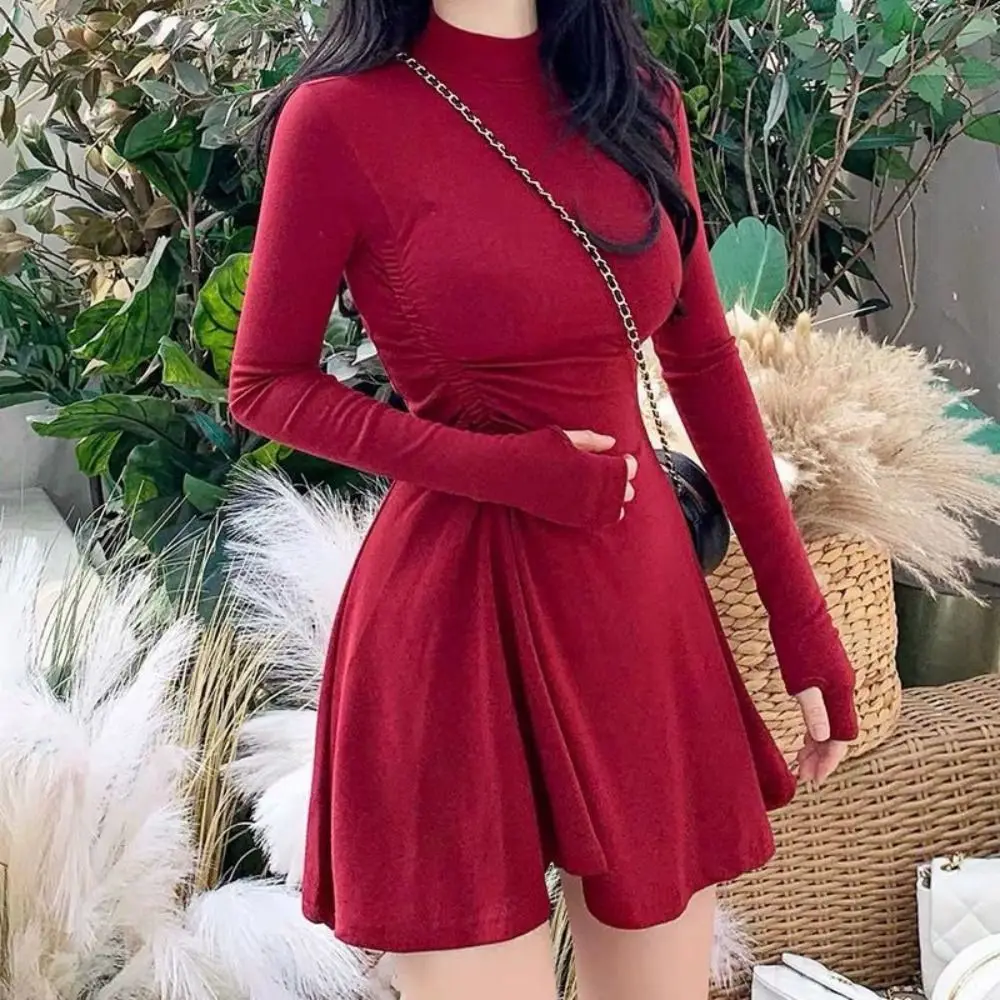 Long Sleeved Christmas Red Dress Short Skirt Pleated Girls Irregular Dress Half High Collar A-line Slim Thin Dress Streetwear