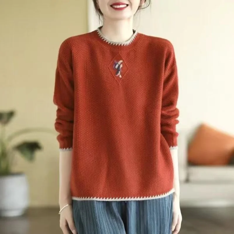 2023 New Spring and AutumnNew Retro Ethnic Style Round Neck Knitted Sweater Women\'s Long Sleeve Versatile Loose Slim Top