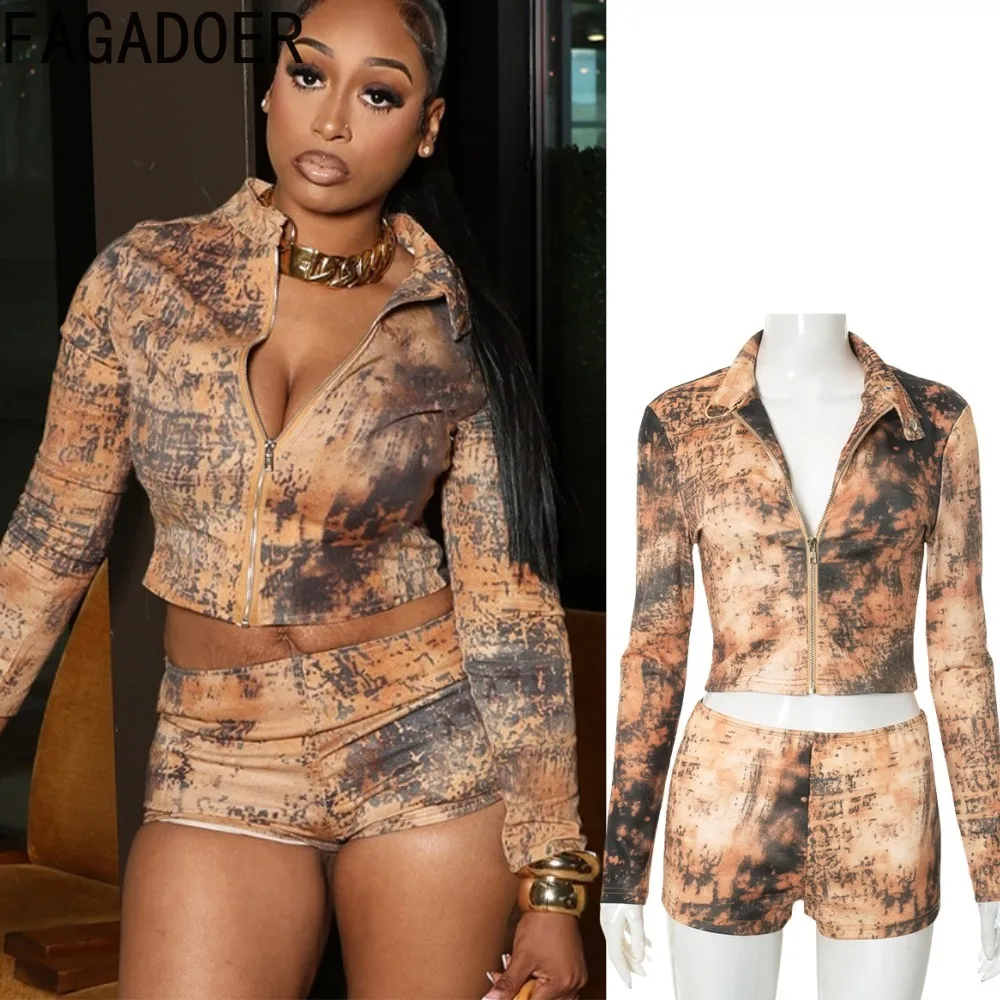 

FAGADOER Y2K Fashion Tie Dye Print Woman 2 Piece Set Outfit Long Sleeves Crop Jacket + Shorts Matching Suits Female Streetwear