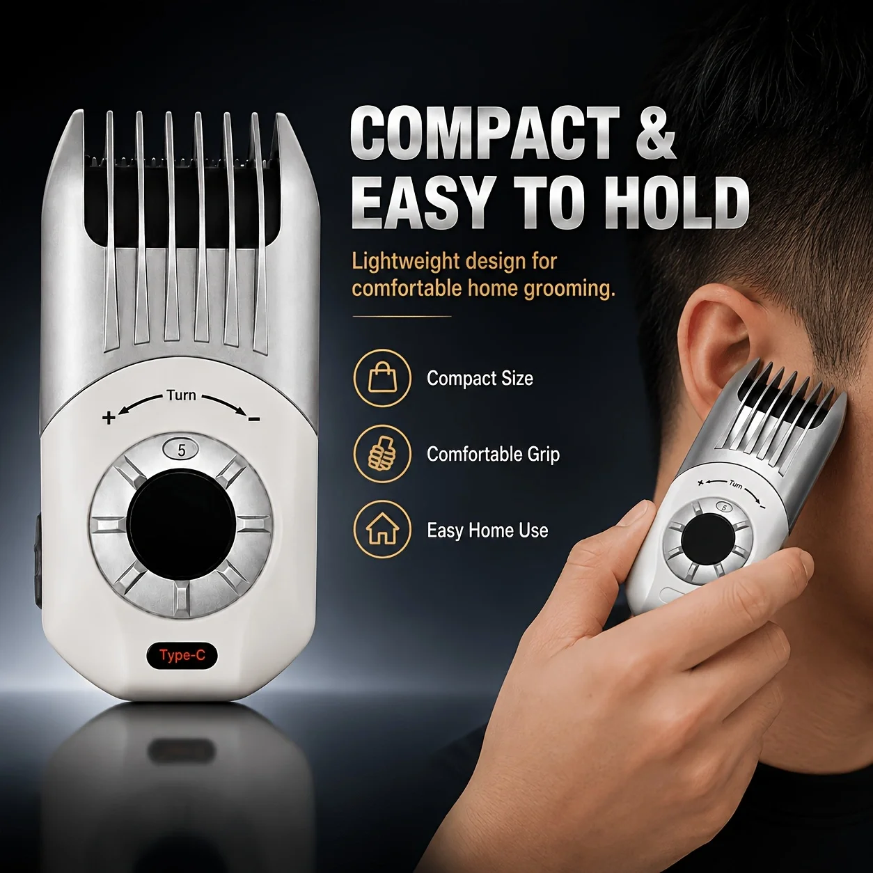Electric Hair Clipper for Home Use, Rechargeable Cordless Portable Hair Trimmer for Adults and Children, Adjustable Blade Length, Multi-Level Trimming, Type-C Charging, Lightweight and Portable, Comfortable Grip, Low Noise, Household Hair Cutting Tool, Suitable for Men's Short Hair Trimming, Sideburn Trimming, Daily Styling, Beginner-Friendly Hairdressing Tool