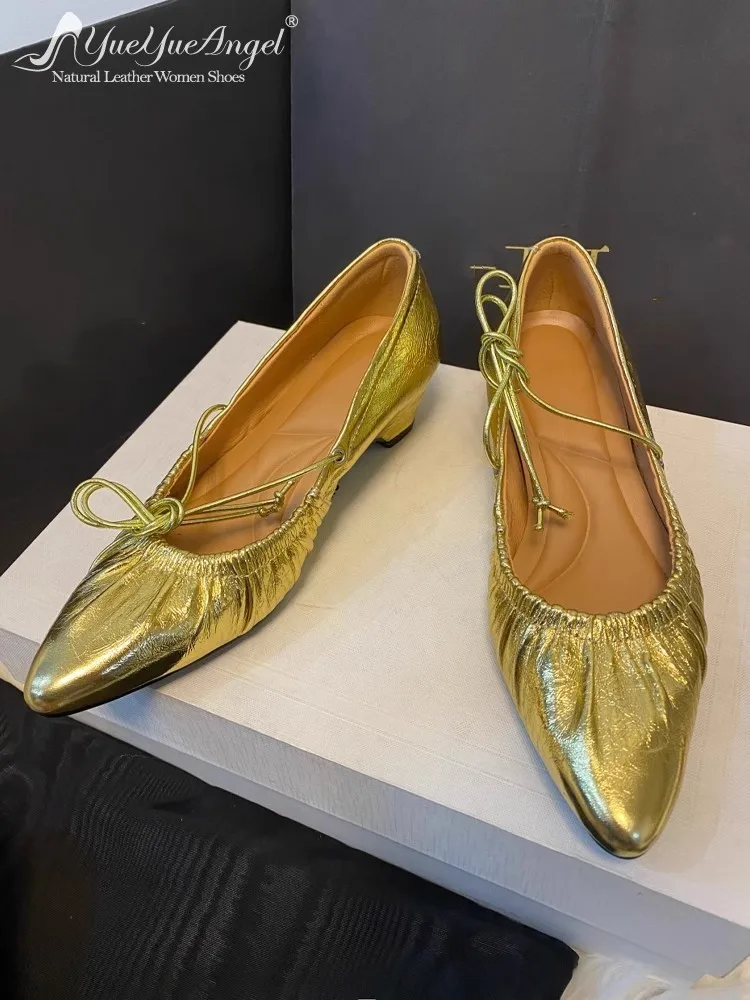 French Style Pumps Women Pointed Toe Genuine Leather Shoes Block Med Heels Lace Up Elegant Office Lady Work Shoes Golden Silver