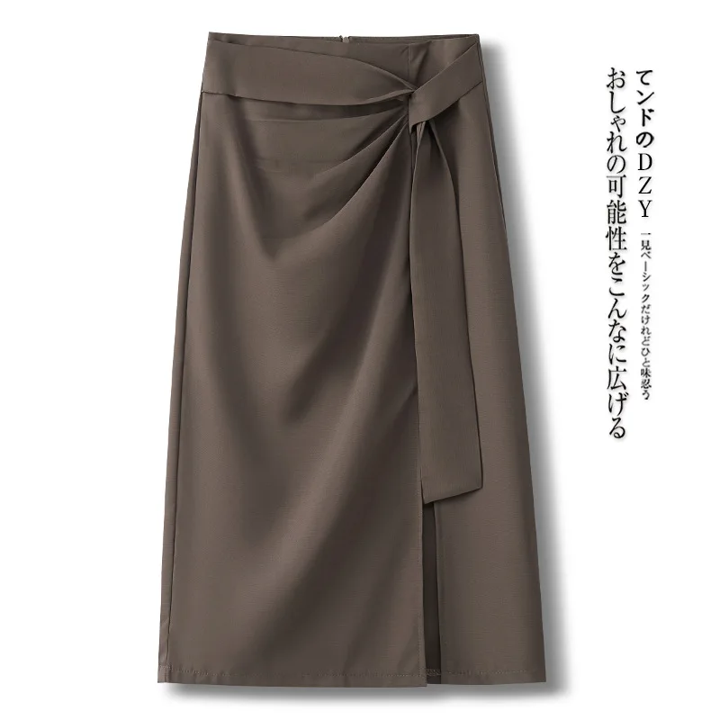 الصلبة اللون البدلة شق ميدي تنورة الصيف أزياء بسيطة القوس تصميم أنيق ألف خط تنورة #4