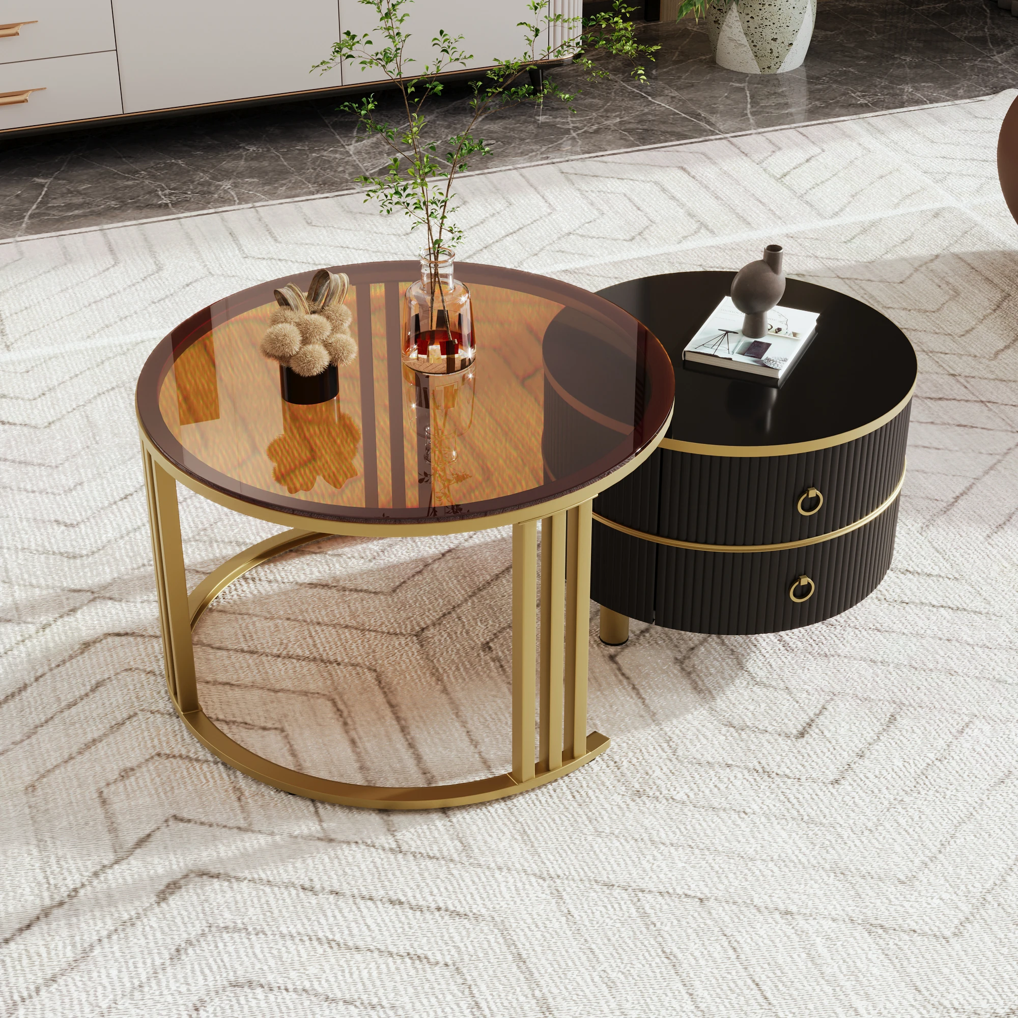 Tables basses gigognes rondes 2 pièces avec 2 tiroirs - Plateaux en verre trempé brillant, MDF noir