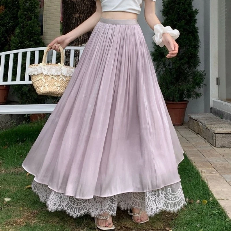 Lace Lining Spring Summer Womens Midi Long Skirts Korea Style Lolita Mesh Skirt Mori Girl Cute High Waisted Pleated Skirt